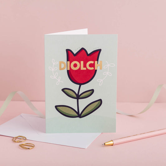 Welsh thank you card 'Diolch' flower