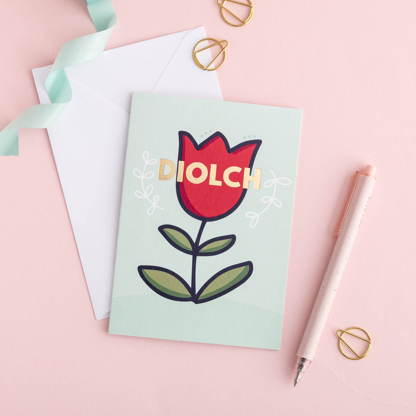 Welsh thank you card 'Diolch' flower
