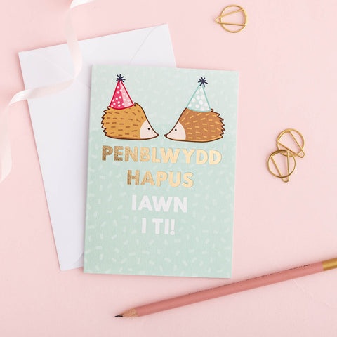 Welsh birthday card 'Penblwydd hapus iawn i ti!' hedgehogs