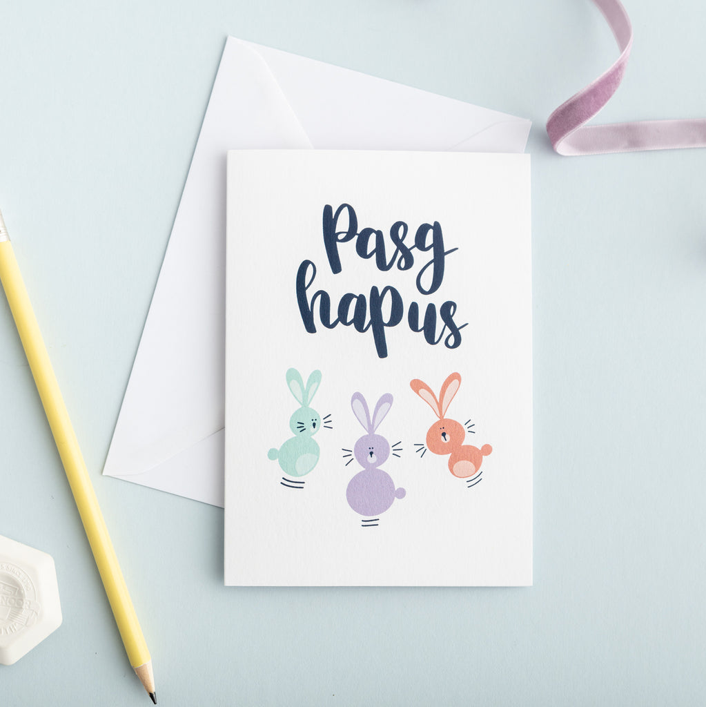 Easter card 'Pasg hapus' bunnies
