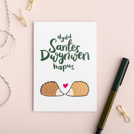 Cerdyn 'Dydd Santes Dwynwen Hapus' draenogod