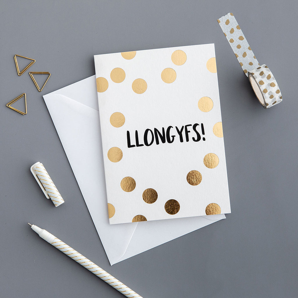 Congratulations card 'Llongyfs!' gold foil