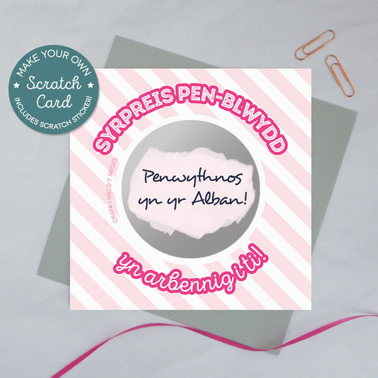 Cerdyn crafu 'Syrpreis pen-blwydd yn arbennig i ti!' pinc