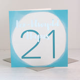 Welsh birthday card 'Pen-blwydd hapus 21' blue / Cerdyn Cymraeg glas - Draenog