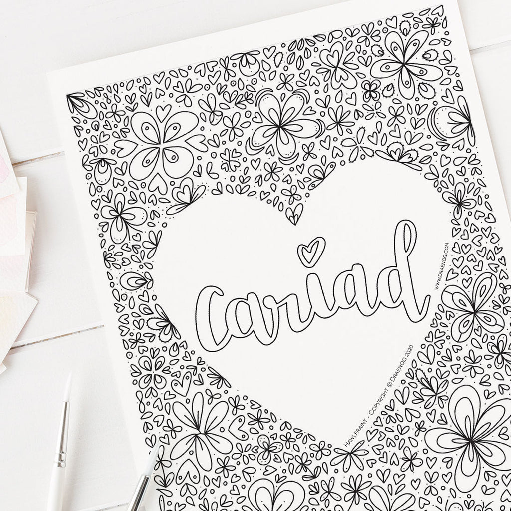 FREE Welsh downloadable colouring page - Cariad