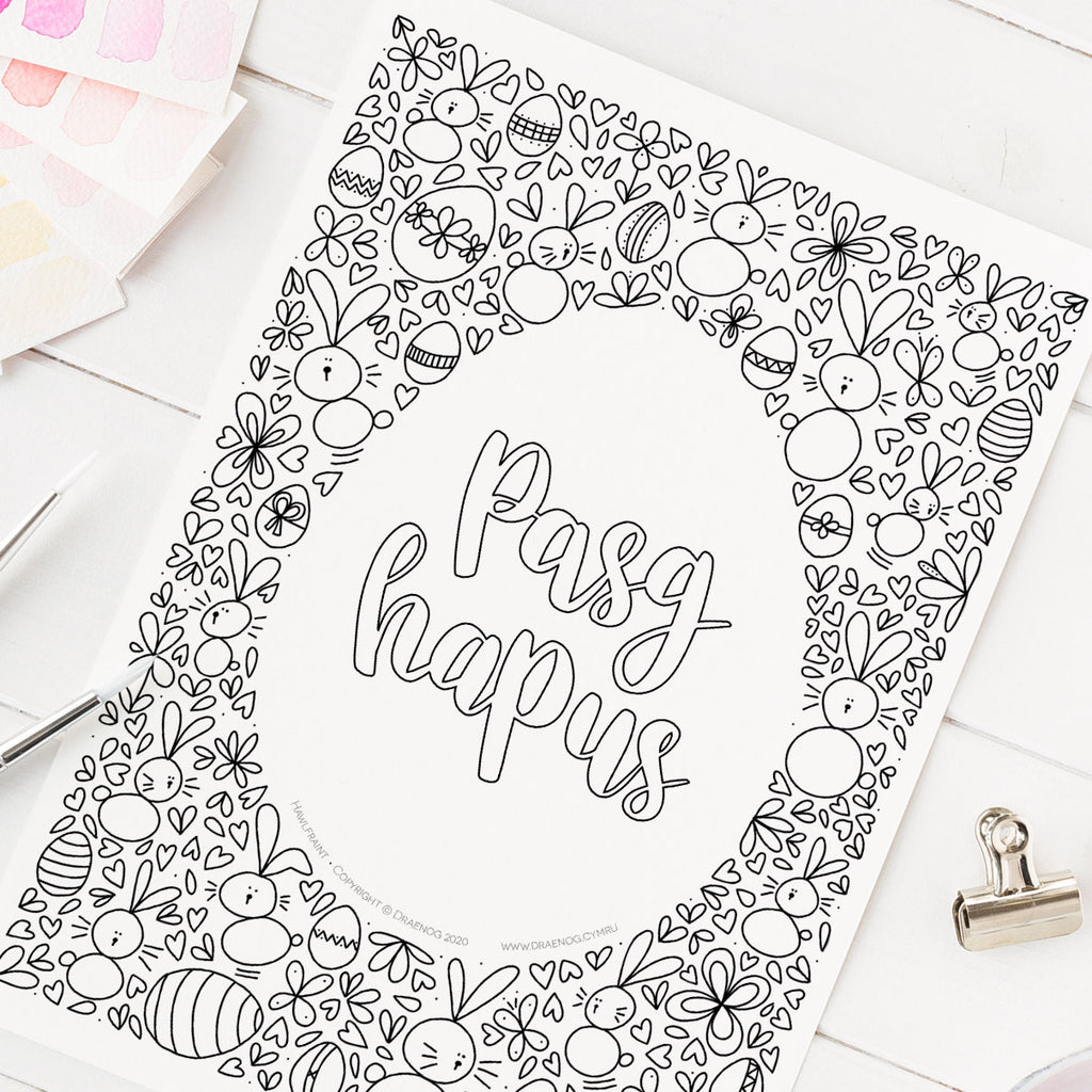 FREE Welsh downloadable colouring page - Pasg Hapus / Happy Easter