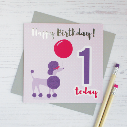 Happy birthday age 1 poodle silver foil card - Draenog