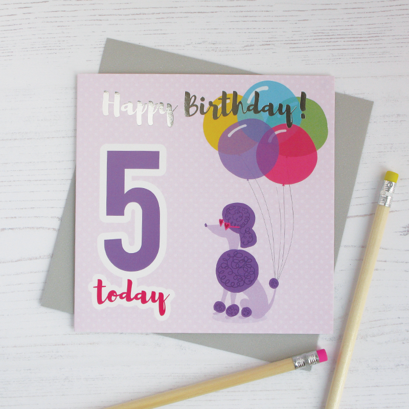 Happy birthday age 5 poodle silver foil card - Draenog