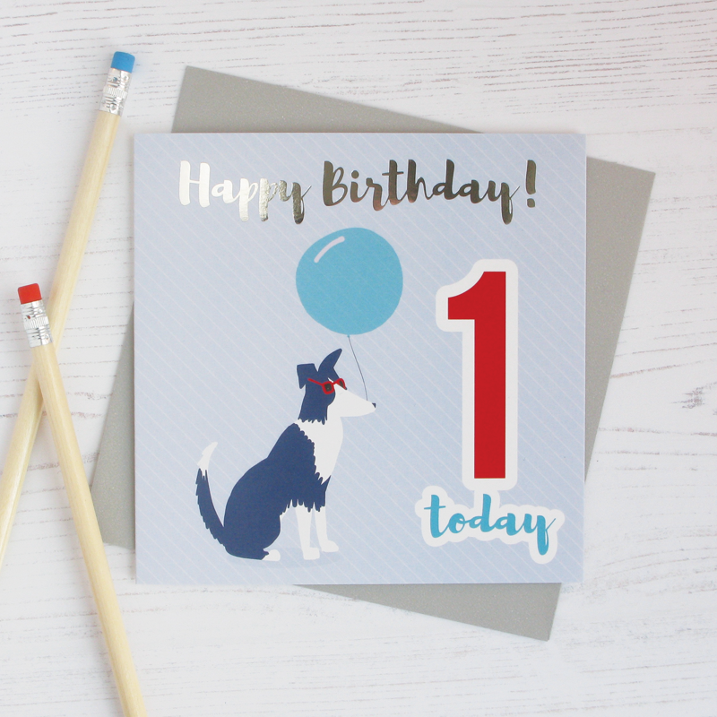 Happy birthday age 1 sheepdog silver foil card - Draenog