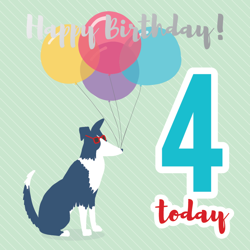 Happy birthday age 4 sheepdog silver foil card - Draenog