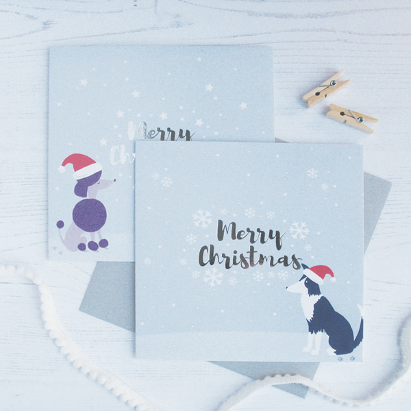 Merry Christmas Mitzi & Cadi silver foil cards - pack of 4 - Draenog