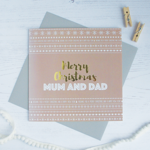 Merry Christmas Mum and Dad gold foil card - Draenog