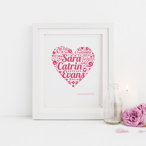 Pink personalised baby print - Sara Catrin - Draenog