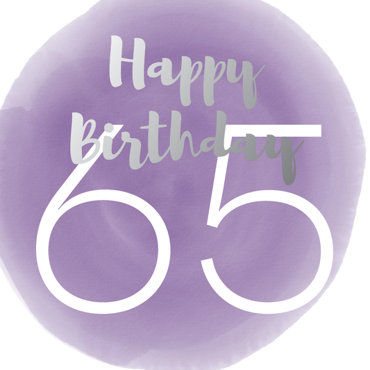 Happy birthday age 65 silver foil card - Draenog
