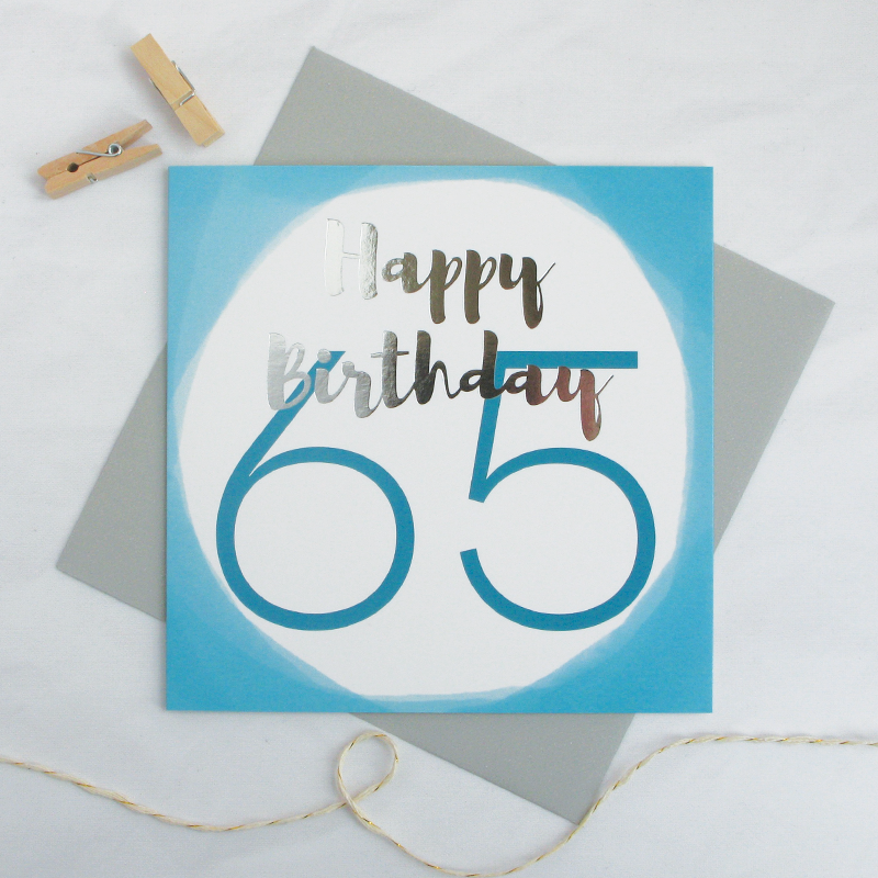 Happy birthday age 65 silver foil card - Draenog