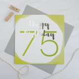 Happy birthday age 75 silver foil card - Draenog